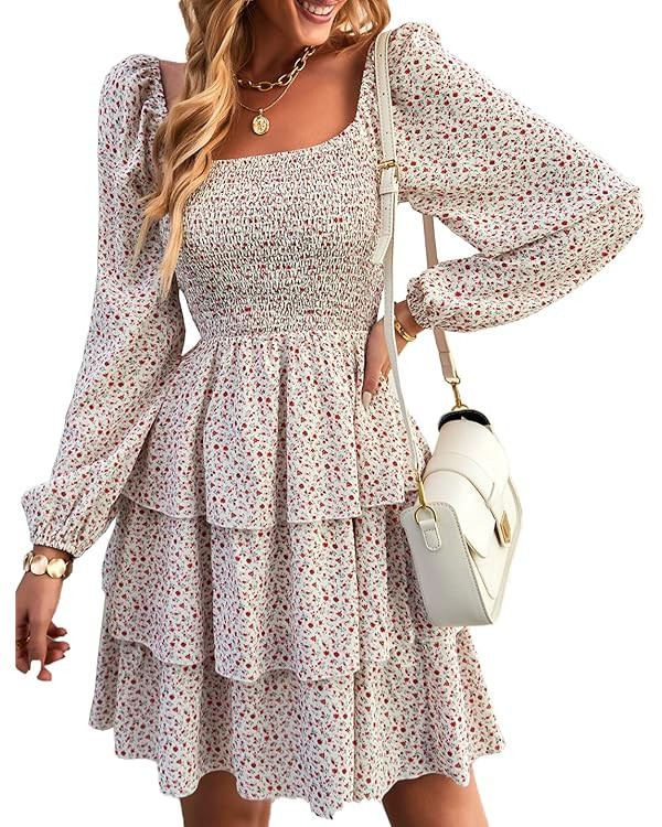 BTFBM Women Square Neck Smocked Dresses 2025 Summer Fall Long Sleeve Floral Swiss Dot Mini Boho W... | Amazon (US)