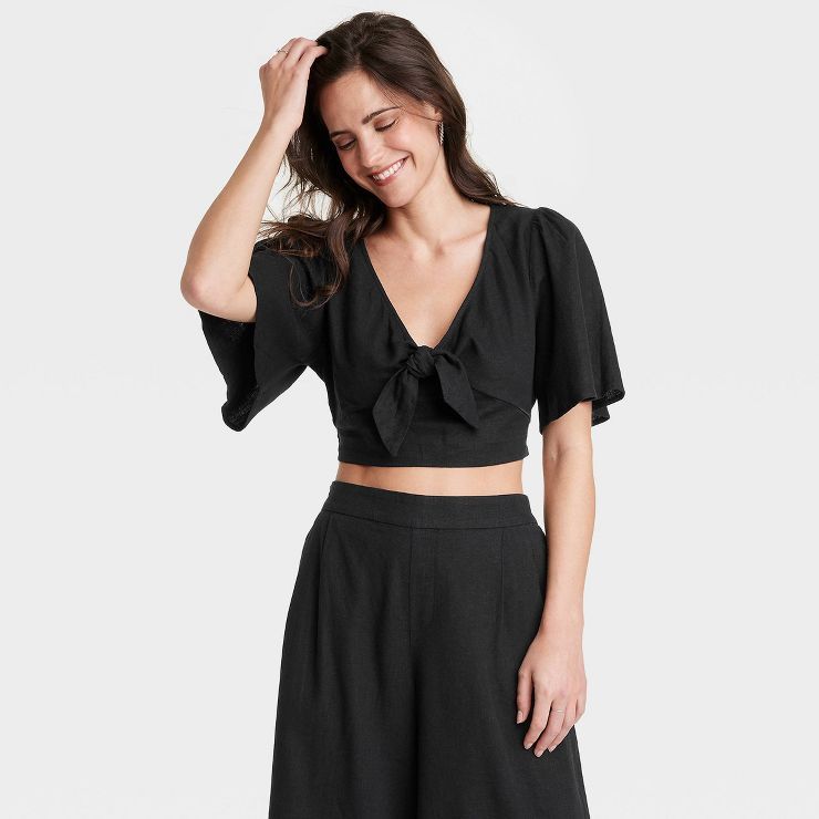Women's Flutter Short Sleeve Tie-Front Shirt - A New Day™ | Target