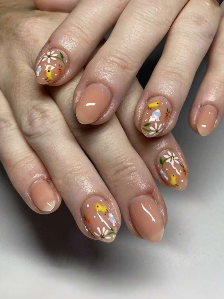 24pcs Oval Embossed Nail Stickers, A Set Of Retro-Style Nail Art Featuring Cartoon Chicks, Daisie... | SHEIN