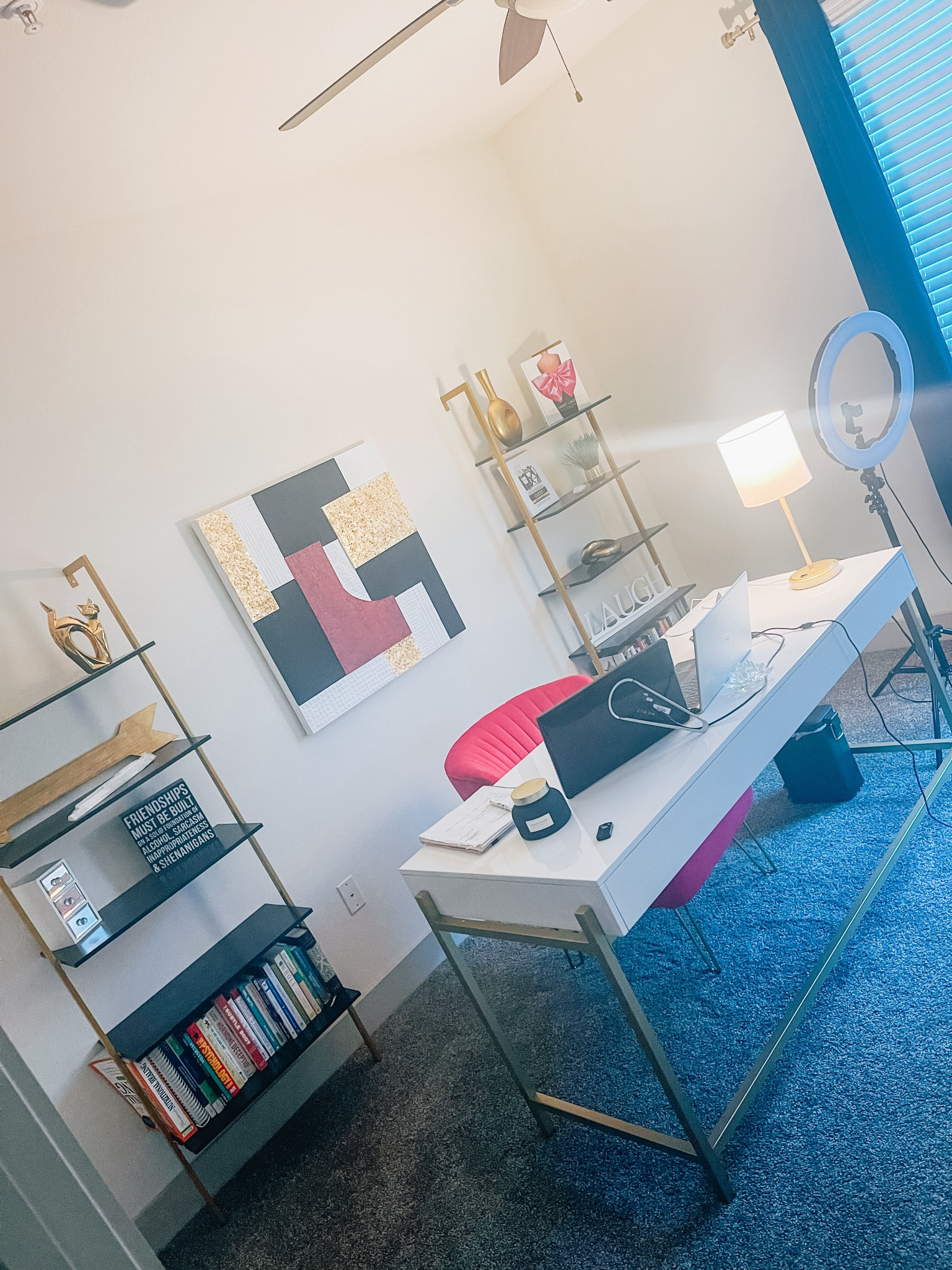 Office idea! I wanted black, white and gold and then found this fun fuschia chair for a pop of color. The painting I actually made to match! The desk I love having a bigger work space to not feel so cramped and have my double screen! 

#LTKstyletip #LTKhome