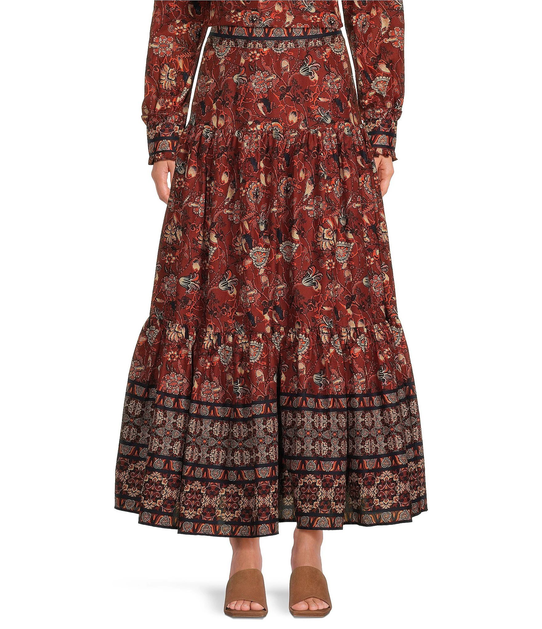 Floral Print Woven High Rise Tiered A-Line Coordinating Maxi Skirt | Dillard's