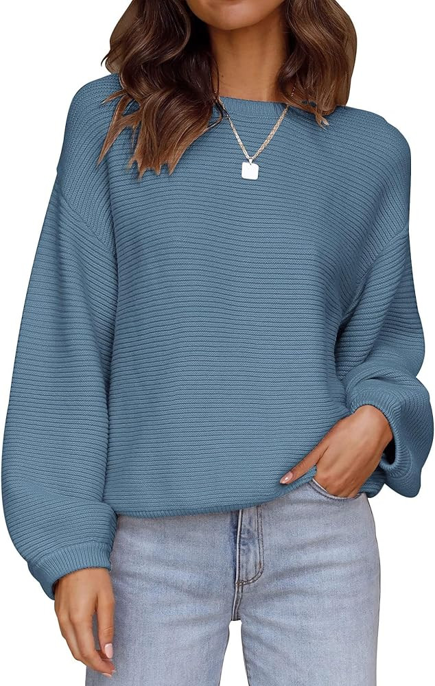 ZESICA Women's 2024 Crew Neck Long Lantern Sleeve Casual Loose Ribbed Knit Solid Soft Pullover Sw... | Amazon (US)