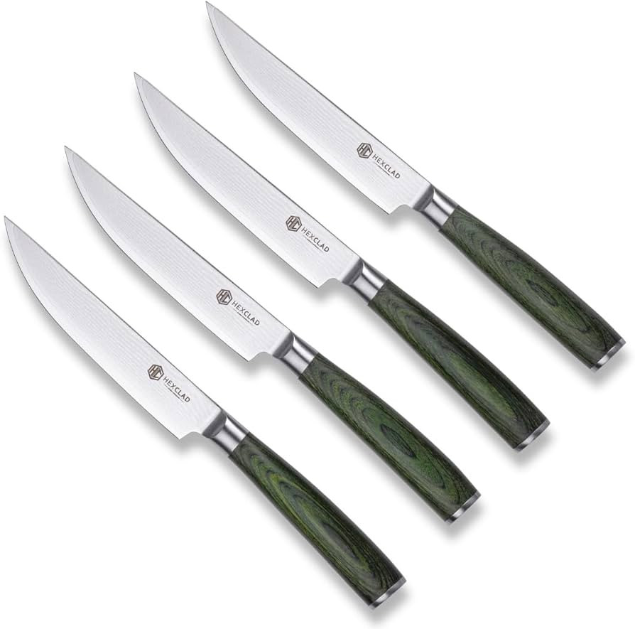 HexClad Steak Knife Set, 4-Pieces Damascus Stainless Steel Blades, Full Tang Construction, Pakkaw... | Amazon (US)