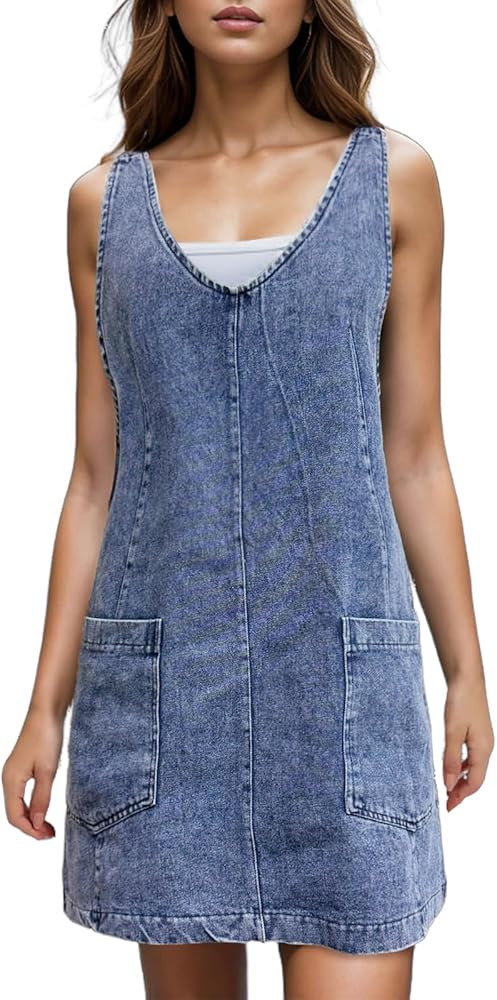 Viatabuna Denim Overall Dress for Women Sleeveless V Neck Adjustable Strap Mini Jean Jumper Dress... | Amazon (US)