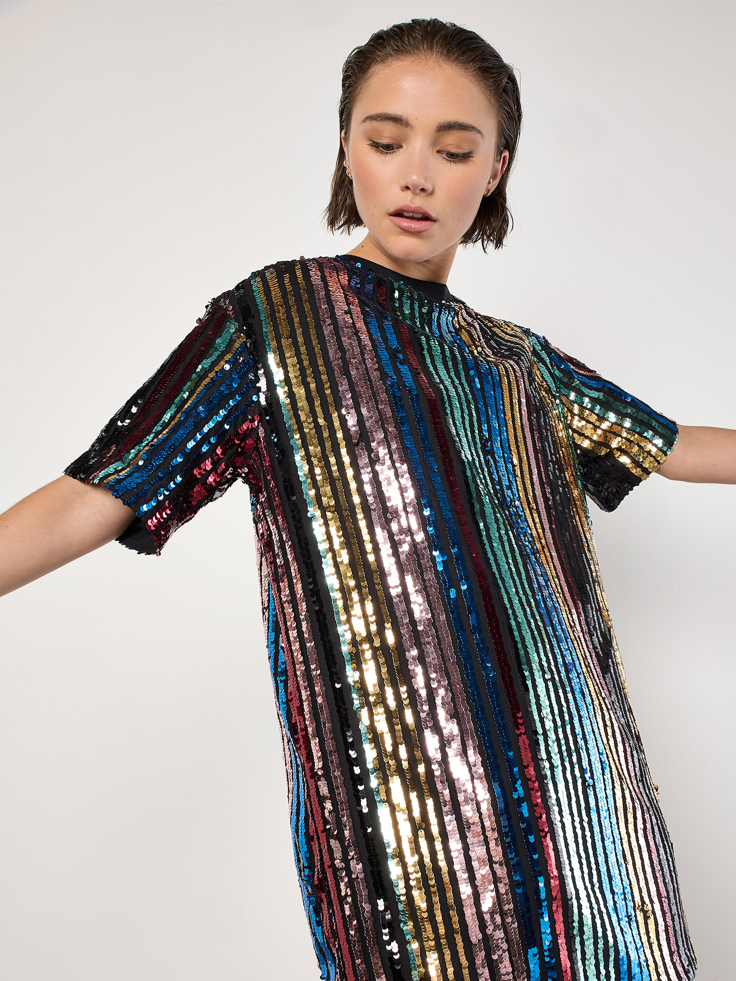 Rainbow Sequin Stripe T-Shirt Dress | Apricot Clothing | Apricot (UK)