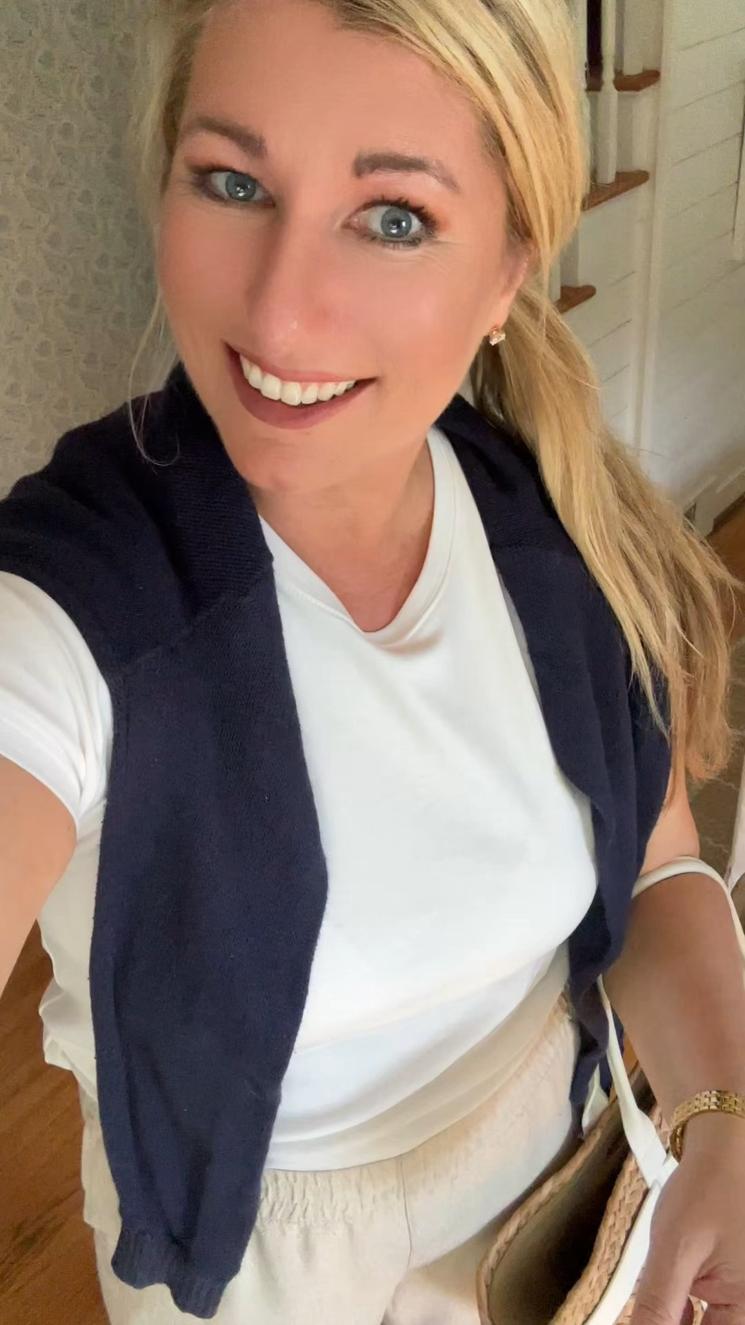 One of my favorite simple outfit formulas for summer on the coast. White tee, sand linen pants, navy cotton sweater, woven flats, & a straw tote bag

#LTKOver40 #LTKTall #LTKSaleAlert