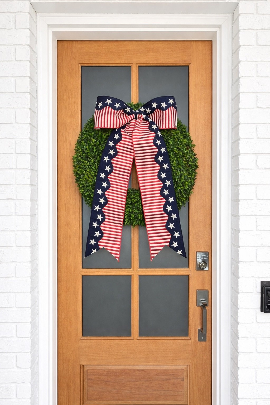 Americano, americano style, americano design, front porch, wreath, front door, porch, curb appeal, Memorial Day, Fourth of July, 4th of July 
