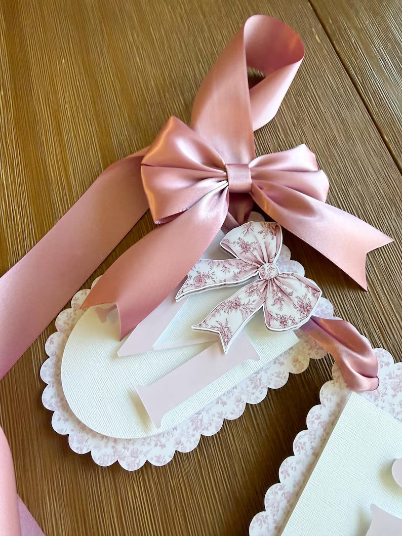 Pink Toile Jouy, Banner includes Ribbon Bows. Banner size is about 4 inches X 6 inches each piece... | Etsy (US)