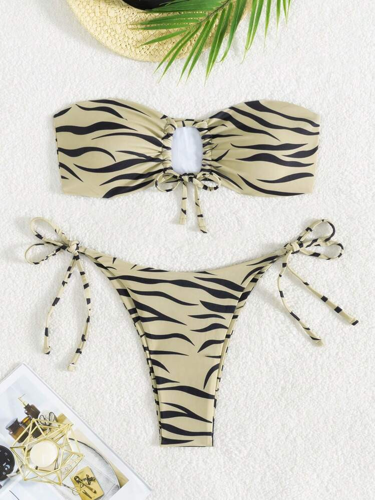 SHEIN Swim Summer Beach Zebra Stripe Bandeau Tie Side Bikini Set | SHEIN