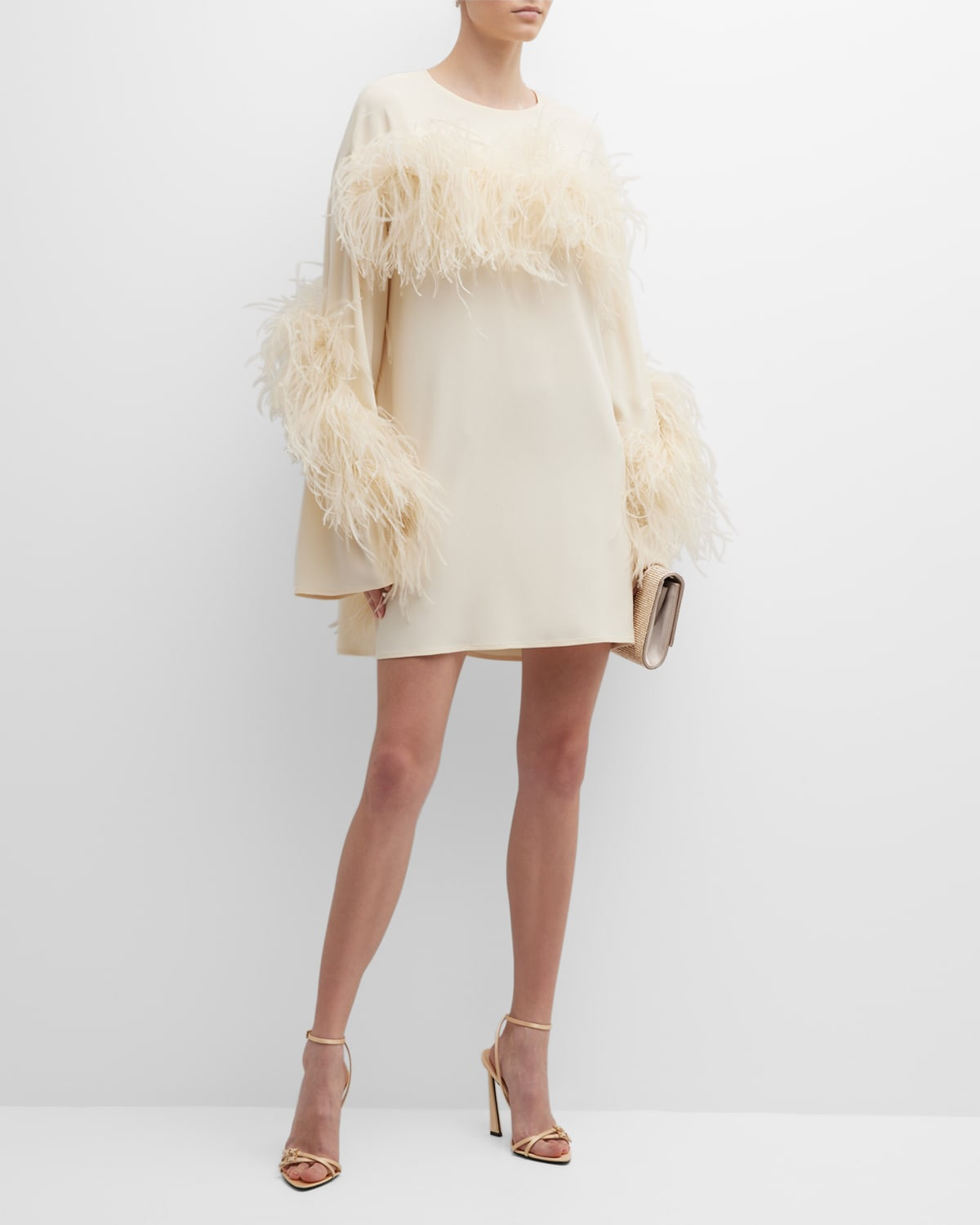 Spiral Feather-Trim Pebble Crepe Mini Shift Dress | Neiman Marcus