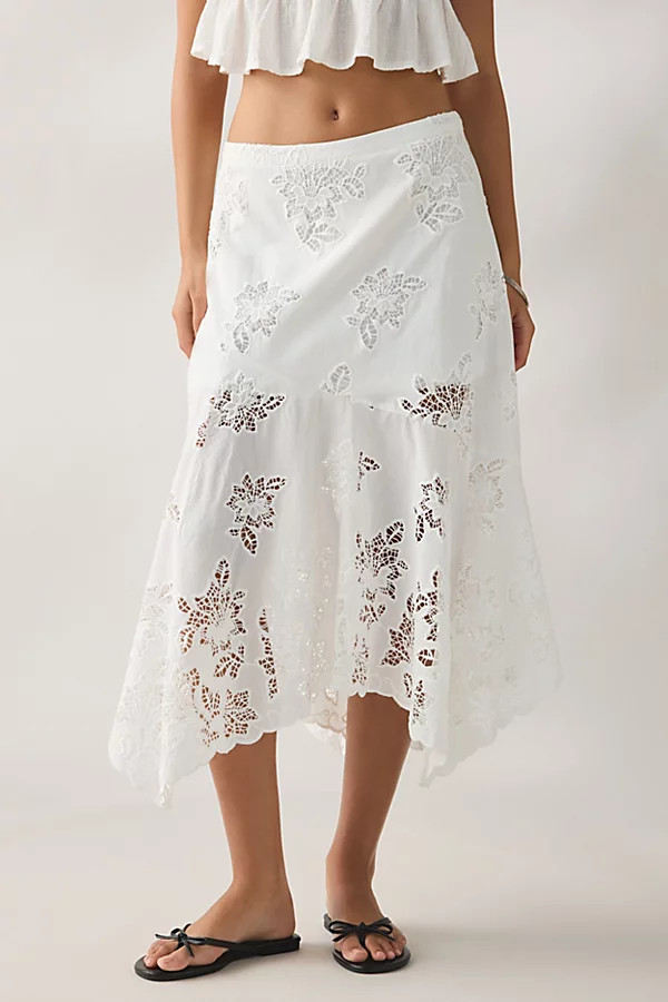 Kimchi Blue Elena Eyelet Lace Hanky Hem Midi Skirt in White, Women's at Urban Outfitters | Urban Outfitters (US and RoW)