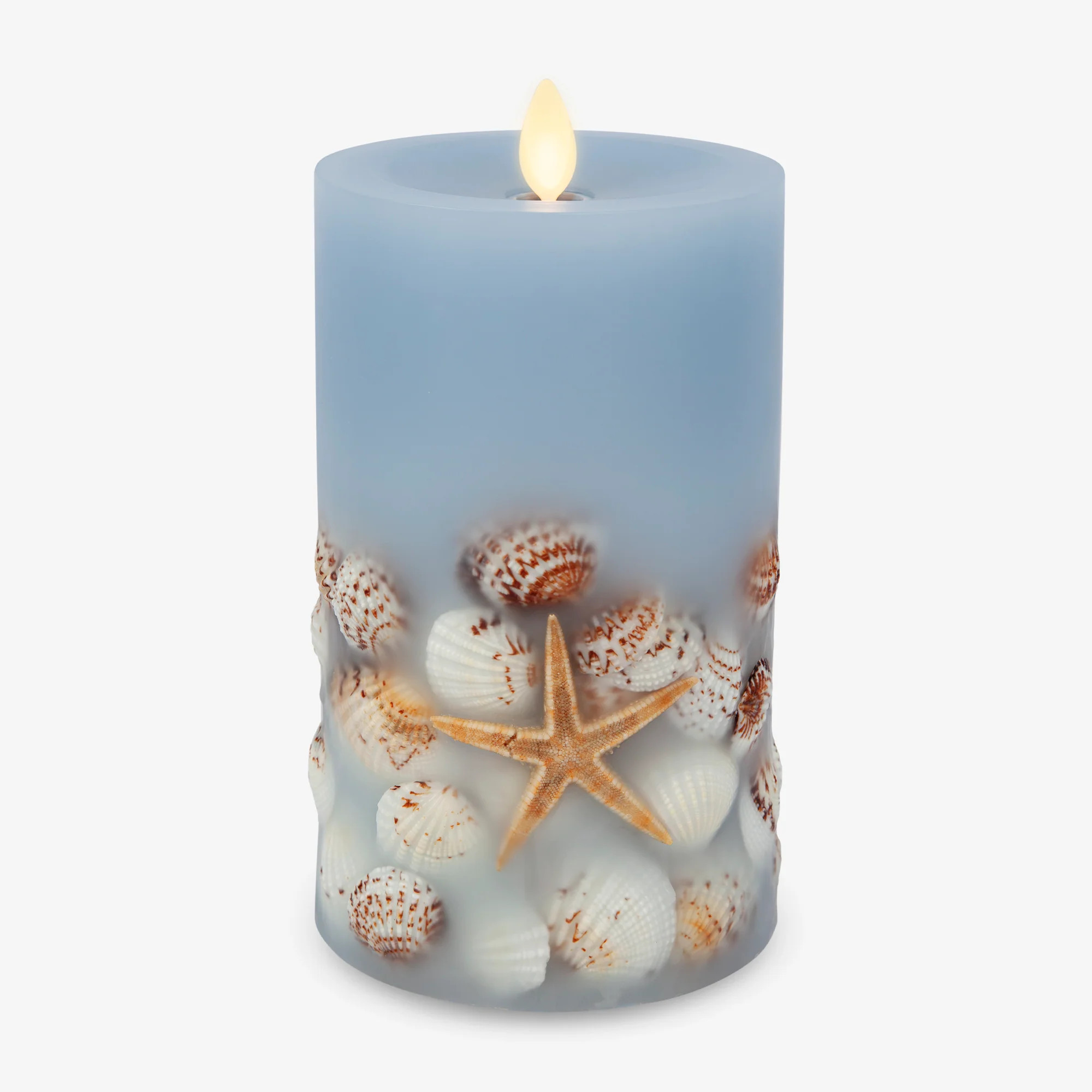 Soft Chambray Embedded Seashell & Starfish Flameless Candle Pillars | Luminara