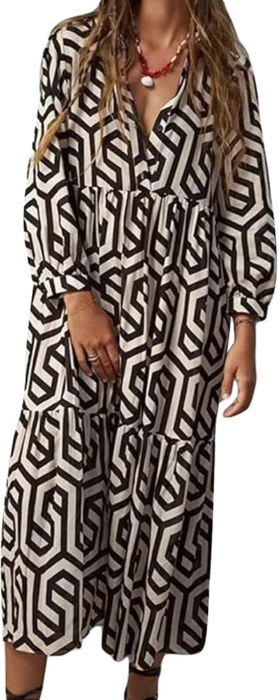 Women's Geometric Pattern Maxi Dress Long Sleeve Button Down Loose Long Dress Bohemian Floral Pri... | Amazon (US)
