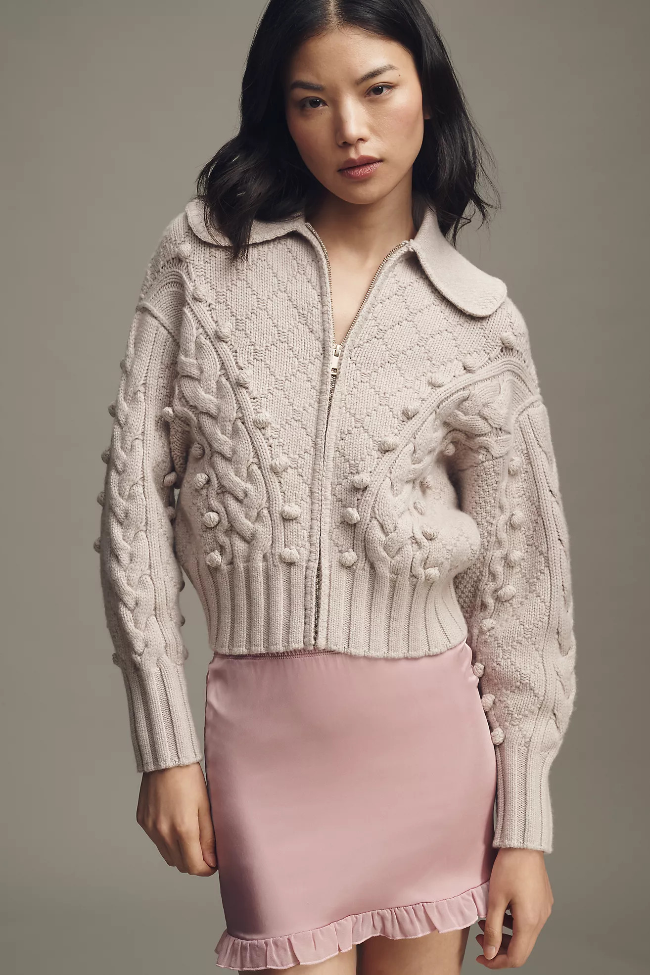 Lovaan Merino Wool Cable-Knit Zip-Front Sweater | Anthropologie (US)