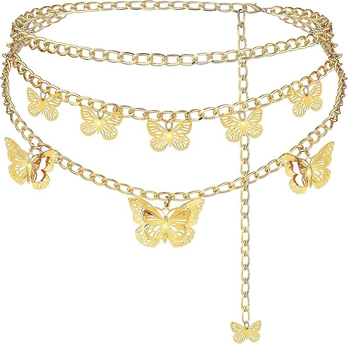 YeeHeen Butterfly Chain Belts Multilayer Gold Waist Chain Adjustable Women Dress Belt | Amazon (US)