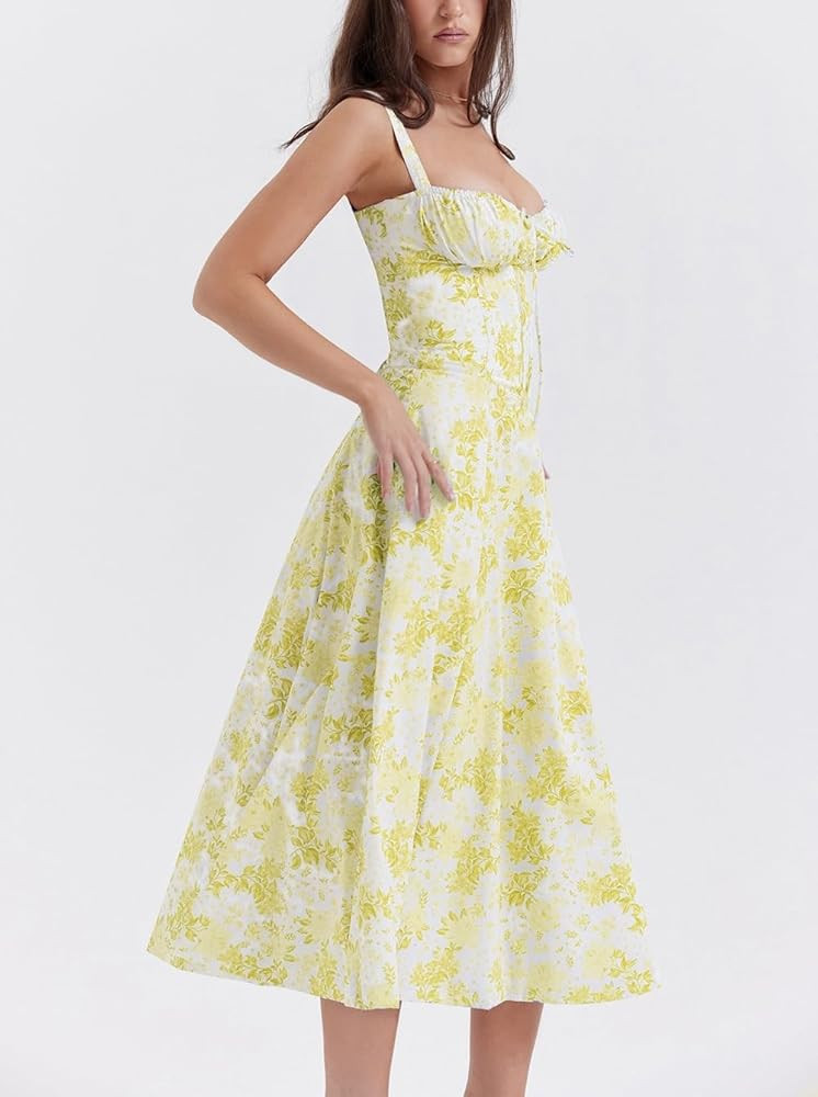 ERMODA Women's Floral Corset Midi Dress,Summer Boho Sleeveless Square Neck Flowy Print Slit Lace ... | Amazon (UK)