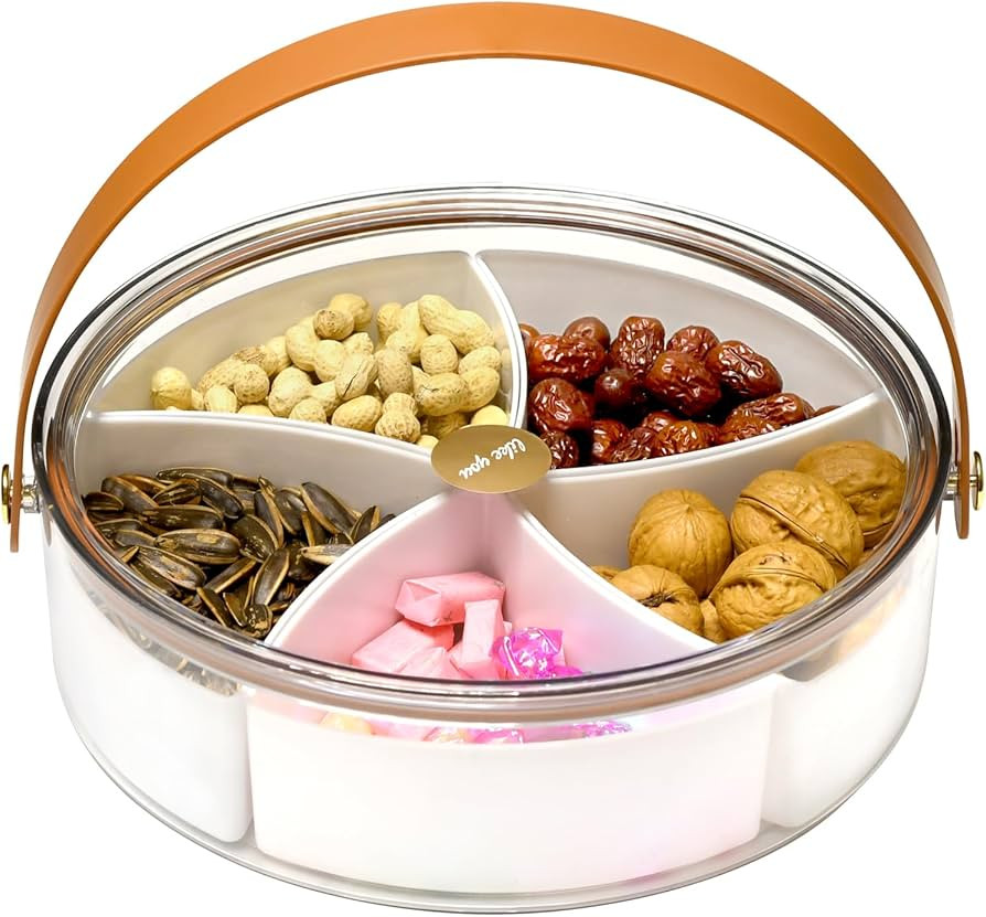 Divided Serving Tray with Lid and Handle, Round Snackle Box Container with 5 Removable Separate I... | Amazon (US)