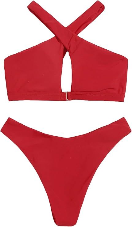 MakeMeChic Women's Cut Out Cross Halter Top & Thong 2 Piece Bikini Set Sexy Bathing Suit | Amazon (US)