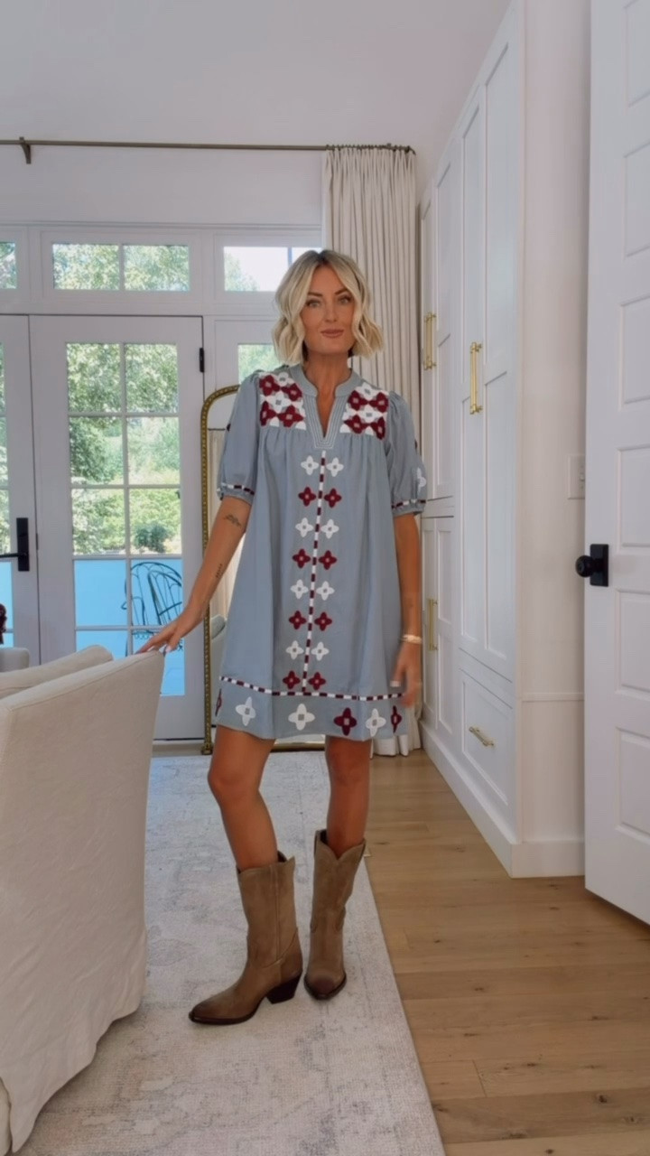 Love the color combo of the baby blue & the burgundy! I think you will definitely be seeing a lot of these colors this fall! Wearing XS! 

Loverly Grey, fall outfit inspo, fall dresses, fall mini dress, cowboy boots

#LTKSeasonal #LTKootd