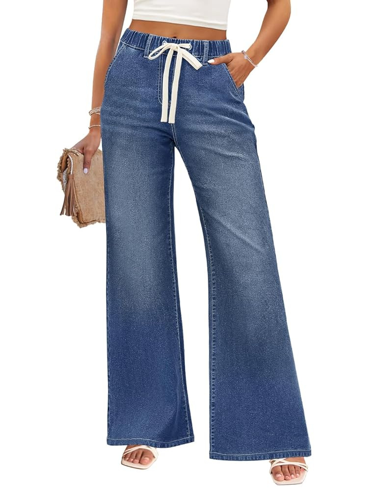 ZESICA Womens Drawstring High Waist Jeans Loose Fit Wide Leg Straight Baggy Trendy Denim Pants wi... | Amazon (US)