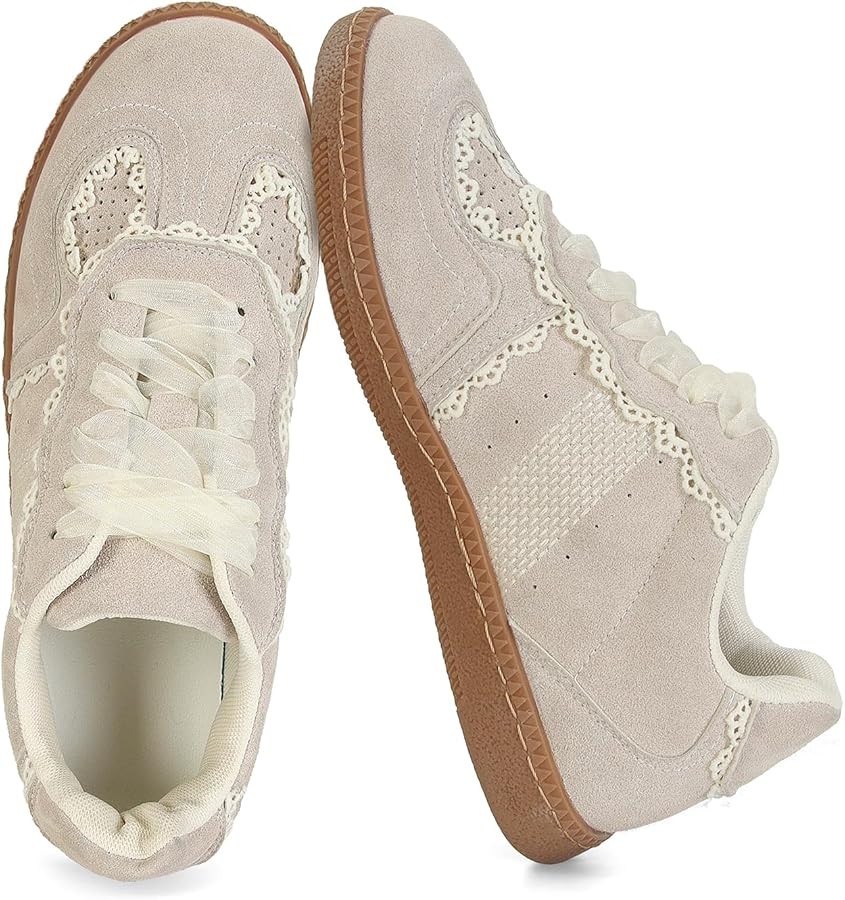 Women Lace Detail Casual Sneakers Elegant Ribbon Lace-Up Shoes with Memory Foam | Amazon (US)