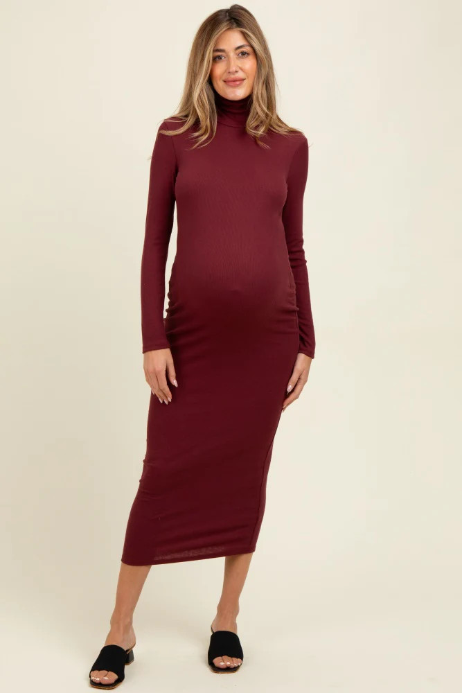 Burgundy Turtle Neck Ribbed Fitted Long Sleeve Maternity Maxi Dress | PinkBlush Maternity