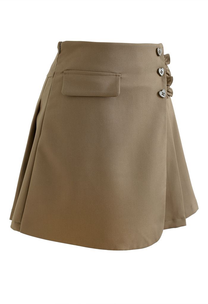 Heart Shape Buttons Pleated Mini Skirt in Brown | Chicwish