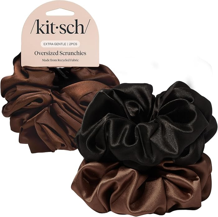 Kitsch Recycled Satin Oversized Scrunchies - Black & Chocolate, 2pcs | Amazon (US)