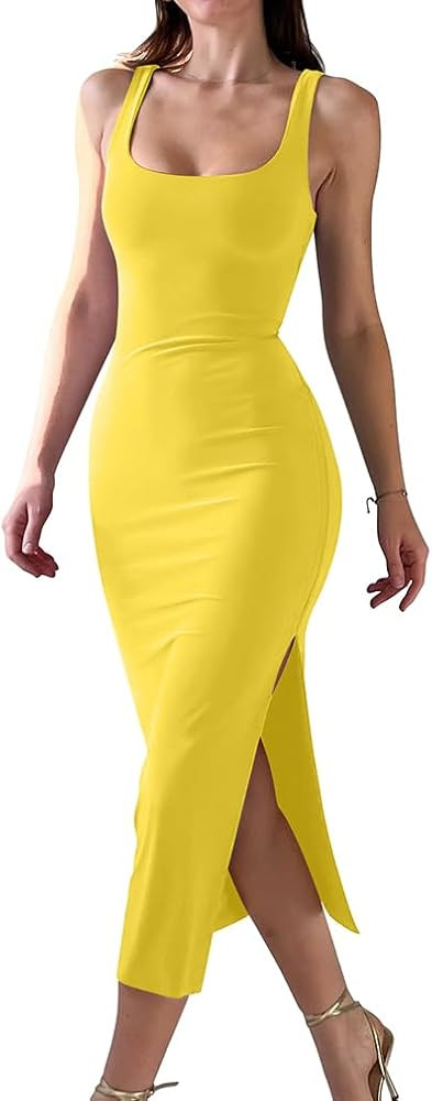 LAGSHIAN Women's Summer Bodycon Tank Dress Sexy Sleeveless Side Slit Midi Dresses | Amazon (US)