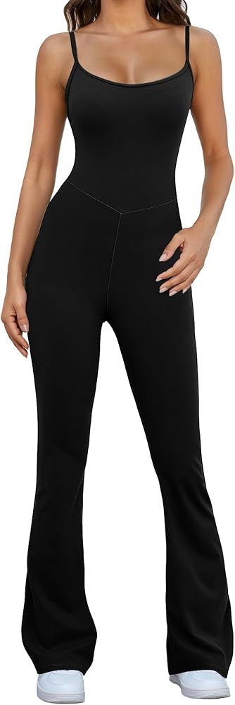Flare Jumpsuits for Women Adjustable Spaghetti Strap Bodycon Jumpsuit Scoop Neck Workout Romper C... | Amazon (US)