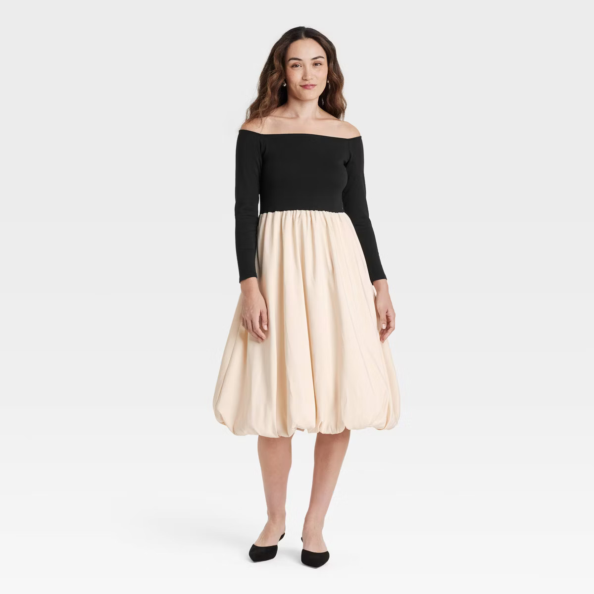 Women's Long Sleeve Midi A-Line Dress - A New Day™ Black/Cream | Target