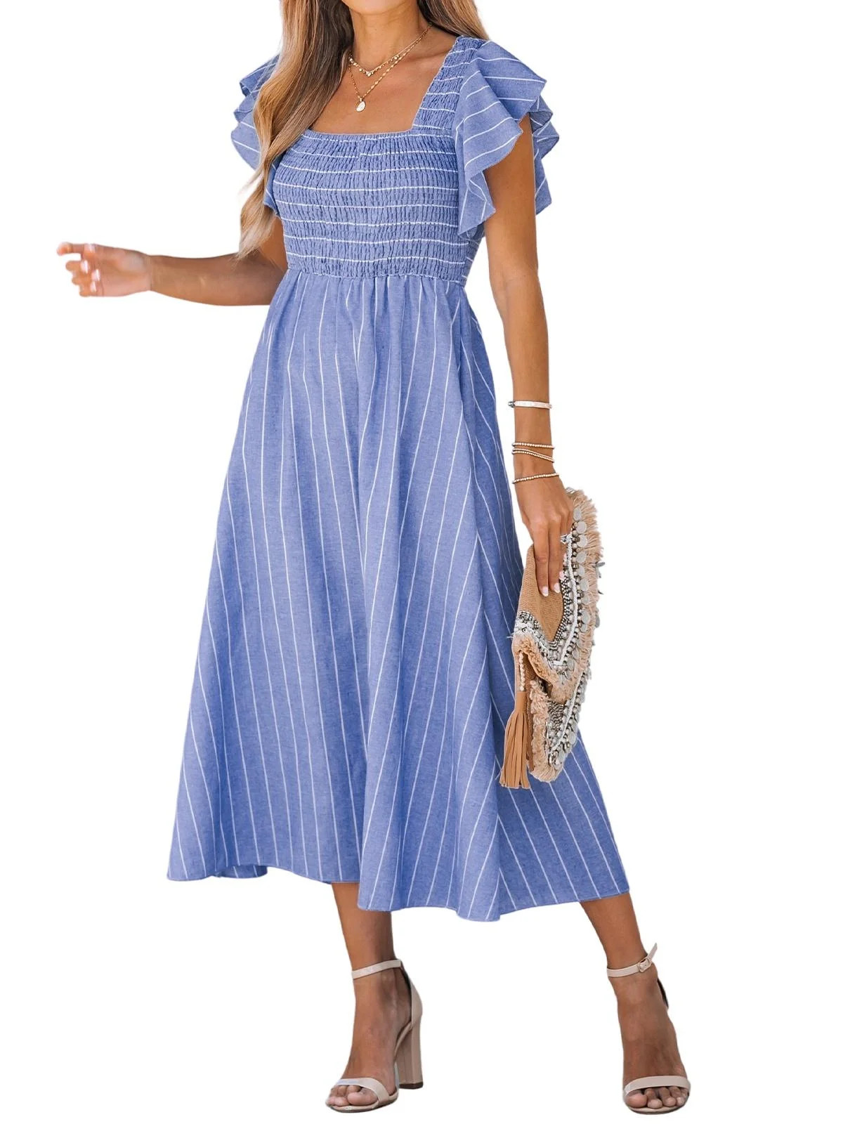 CUPSHE Women's Square Neck Striped Smocked Dress Ruffled Cap Sleeves Dress A Line Maxi Formal Dre... | Walmart (US)