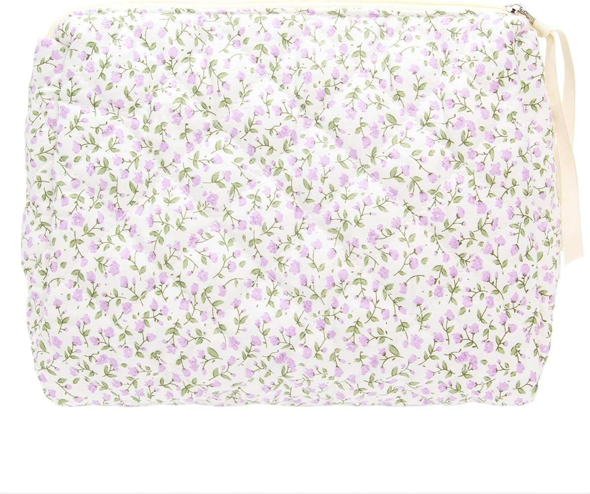 PAZIMIIK Quilted Makeup Bag Large Travel Zipper Soft Cosmetic Pouch for Women Girls Make Up,Flora... | Amazon (US)