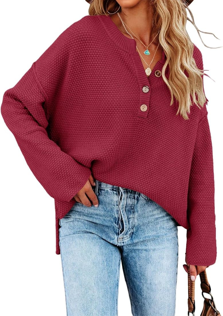 Saodimallsu Women's Oversized Sweaters Batwing Long Sleeve Loose V Neck Button Henley Tops Pullov... | Amazon (US)