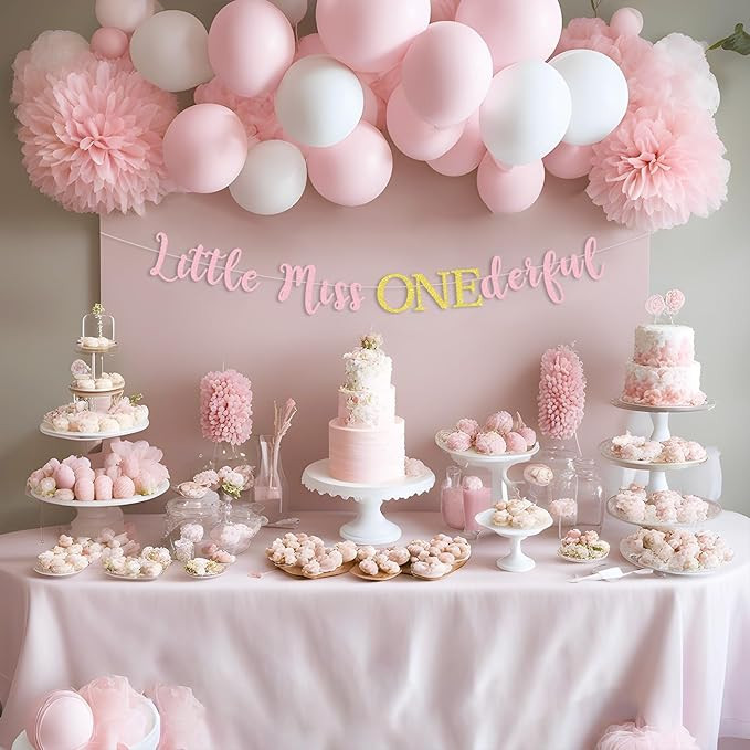 1st Birthday Party Banner Little Miss Onederful Light Pink Highchair Banner for Baby Girl's First... | Amazon (US)