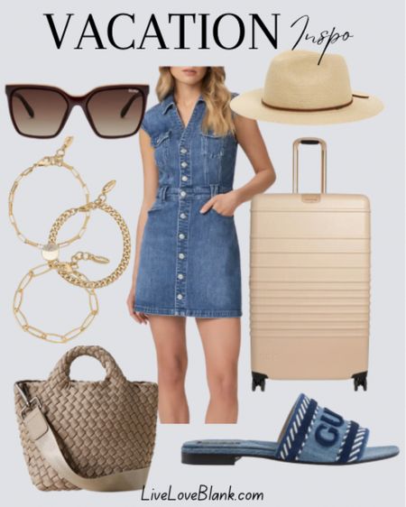 Vacation outfit inspo
Trending fashion
Beis luggage, Jean dress, Gucci sandals, tote bag, quay sunglasses, denim sandals 
#ltku


#LTKSeasonal #LTKStyleTip #LTKTravel