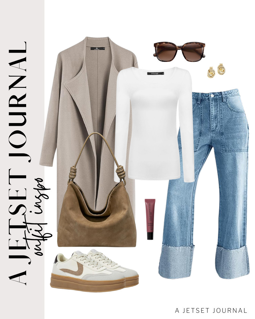 Start with a long-sleeve t-shirt and baggy cuffed jeans. Layer it with an adorable long cardigan sweater jacket from LILLUSORY, and wear fashion sneakers. This slouchy suede hobo bag completes the look. 

 #LTKSeasonal #LTKSaleAlert #LTKTravel