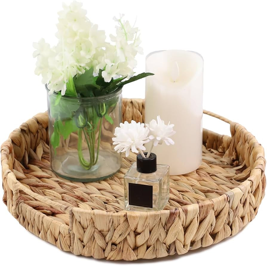 YRMT Water Hyacinth Serving Tray Round Woven Tray with Handles Boho Decorative Tray for Breakfast... | Amazon (US)