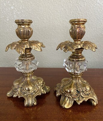 2 Vtg 7” Brass Crystal ShapeGlass Candlesticks Candle Holders Hollywood Regency  | eBay | eBay US