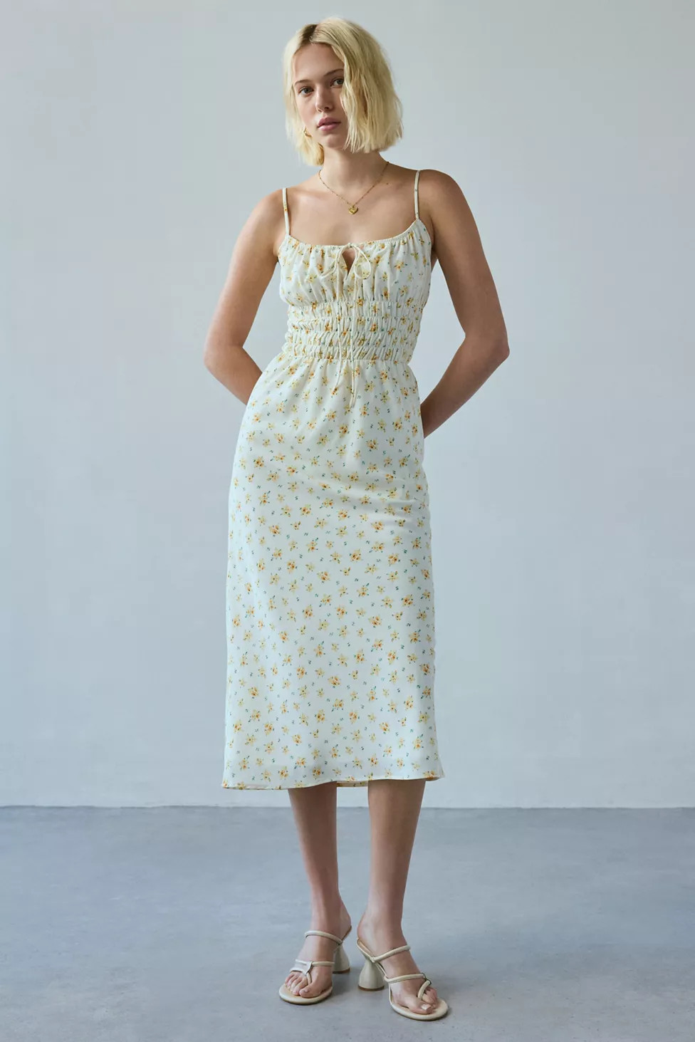Kiss The Sky Mimosa Floral Shirred Midi Dress | Urban Outfitters (US and RoW)