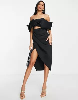 ASOS DESIGN 2-piece off-shoulder pencil wrap tuck midi dress in black | ASOS (Global)
