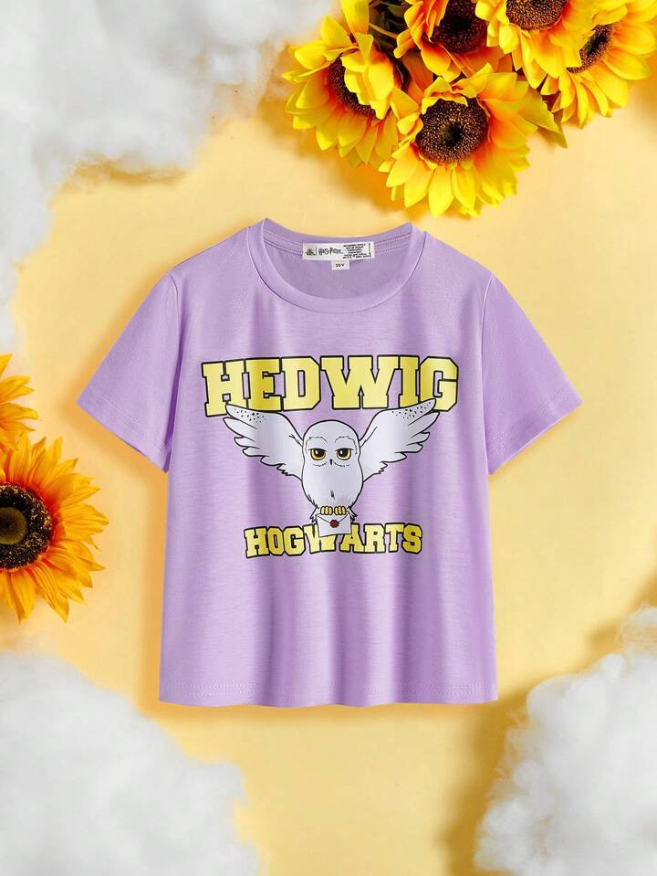 HARRY POTTER X SHEIN Tween Girl Casual Purple Hedwig Simple Short-Sleeved T-Shirt, Suitable For S... | SHEIN