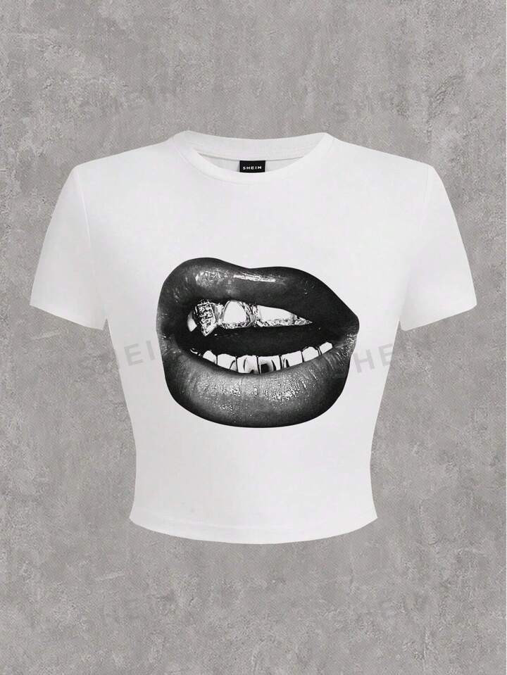 SHEIN Slayr Women Plus Size Casual Simple Pattern Round Neck Short Sleeve Tight T-Shirt Suitable ... | SHEIN