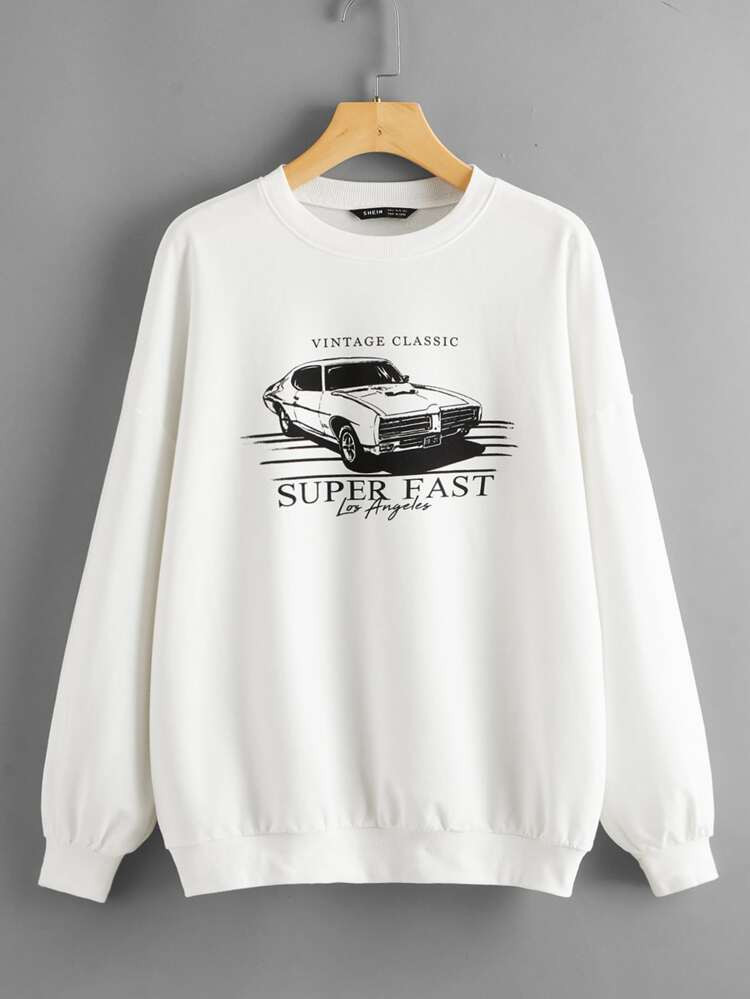 SHEIN Car and Letter Graphic Oversized Pullover | SHEIN