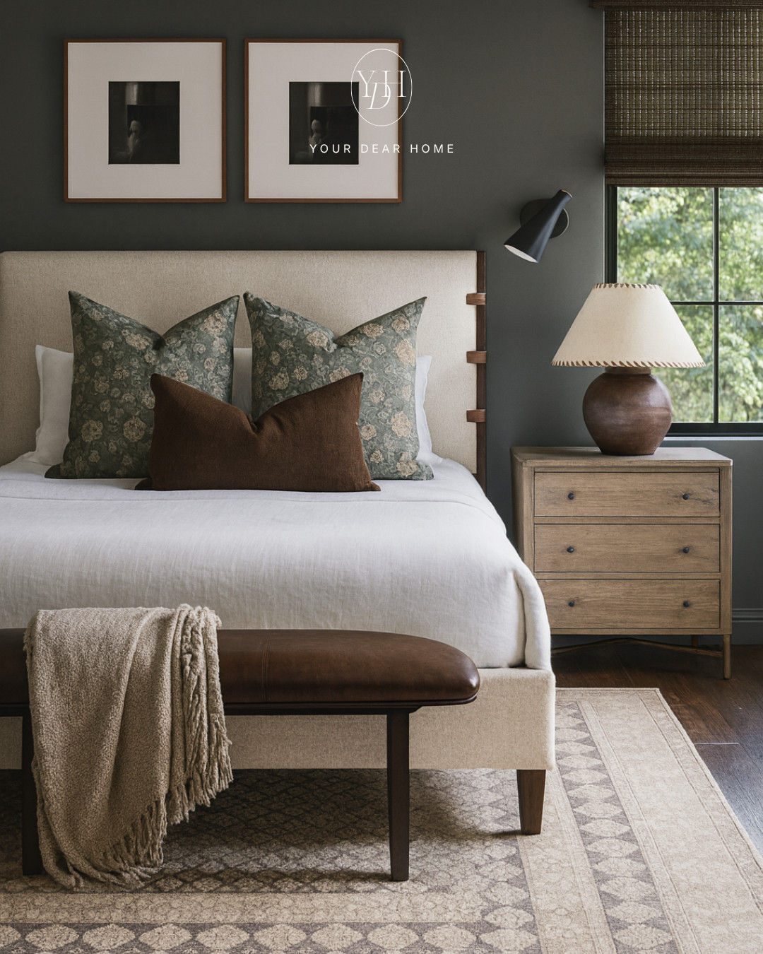 This bedroom leans moodier and a little more tailored with the deeper wall color, layered textiles and darker wood tones. The mix of soft fabrics with richer earthy colors makes the whole room feel cozy and tucked away. 

 #LTKHome