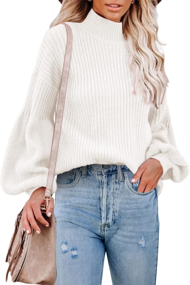 Women's Lantern Balloon Sleeve Mock Neck Pullover Sweaters Ribbed Turtleneck Side Split Tops Soft... | Amazon (US)