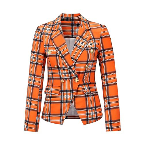 Women's Blazer Plaid Blazers for Women Work Office Casual Long Sleeve Lapel Button Fashion Jacket Suit Business(Large,Orange) | Amazon (US)