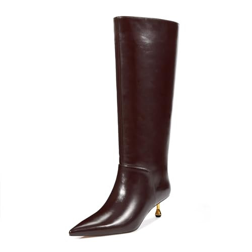 wetkiss Burgundy Knee High Boots for Women Low Kitten Heel Pointy Toe Boots Faux Leather High Boots Women's Wide Calf Long Boots Burgundy Tall Boots, Size 10 | Amazon (US)
