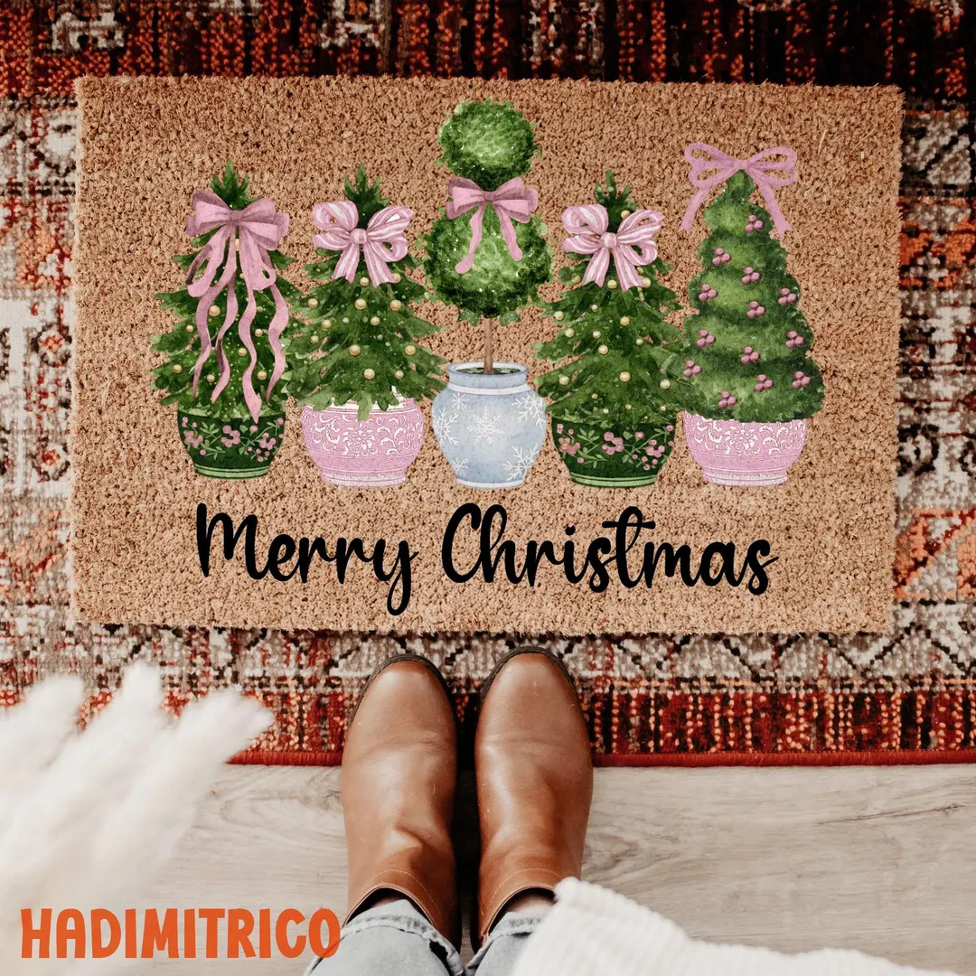 Merry Xmas Doormat With Festive Trees and Bows, Pink and Blue Chinoiserie Pot Design, Holiday Wel... | Etsy (US)