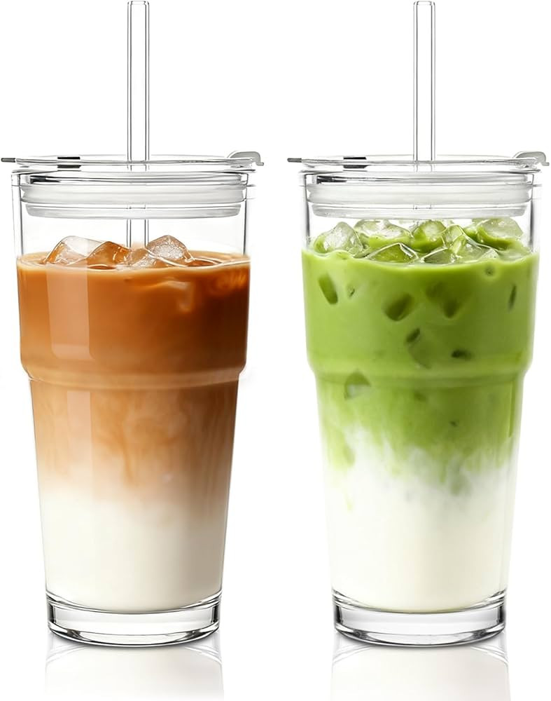 INSETLAN 20oz Clear Glass Cup with Lid and Glass Straw, Set of 2 Thickened Glass Coffee Tumblers,... | Amazon (US)